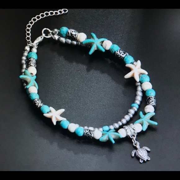 Sea Turtle Turquoise Starfish Layered Anklet Boho - Picture 3 of 3